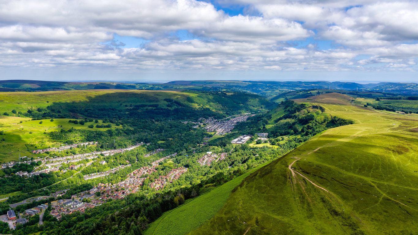 A view over Ebbw Vale, showing mountains, with Victoria and Cwm below it